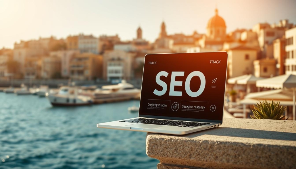 A bustling coastal city, Olbia comes alive with thriving businesses in need of optimal SEO. Against a backdrop of sun-drenched Mediterranean architecture, the "SEO TRACK" brand shines, showcasing its expertise in helping local enterprises elevate their online presence. In the foreground, a dynamic visual captures the essence of SEO per attività di Olbia - a fusion of technology, strategy, and local know-how that empowers businesses to dominate search engine rankings. Warm lighting casts a vibrant glow, evoking the vibrant energy of this dynamic Italian locale. In the middle ground, a laptop display showcases search engine optimization insights, while the background features the iconic landmarks of Olbia, underscoring the symbiotic relationship between digital optimization and the city's thriving commercial landscape.