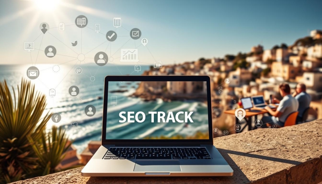 A picturesque seaside town of Olbia, where the sunlight dances across the waves, serves as the backdrop for a comprehensive exploration of SEO off-page strategies. In the foreground, a sleek, modern laptop displays the "SEO TRACK" brand, symbolizing the integration of digital marketing and coastal living. Surrounding the laptop, a collage of online networks, social media platforms, and backlink profiles represent the intricate web of off-page optimization. The middle ground features a group of professionals collaborating, their faces illuminated by the glow of computer screens, a testament to the collaborative nature of building online authority. In the distance, the iconic Sardinian coastline and azure waters evoke a sense of tranquility and balance, underscoring the harmonious blend of digital and natural elements.