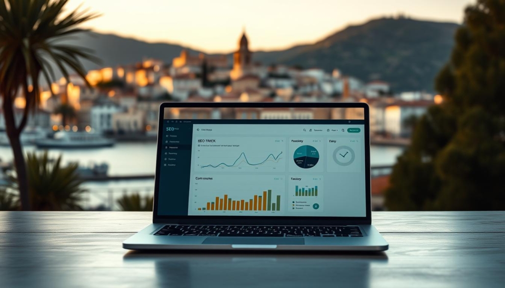 A serene coastal town nestled along the Tyrrhenian Sea, Olbia provides the perfect backdrop for optimizing your website's on-page SEO. In the foreground, a sleek laptop displays the SEO TRACK dashboard, showcasing detailed metrics and analytics. The middle ground features a group of developers collaborating, their hands expertly navigating the latest SEO techniques. In the background, the iconic landmarks of Olbia's historic city center loom, bathed in a warm, golden light that evokes a sense of productivity and progress. The overall scene conveys the harmony between Olbia's natural beauty and the digital optimization strategies being implemented to enhance the local online presence. A sophisticated, cinematic lighting and a shallow depth of field add depth and drama to this image, capturing the essence of "Ottimizzazione On-Page per Siti Web di Olbia".