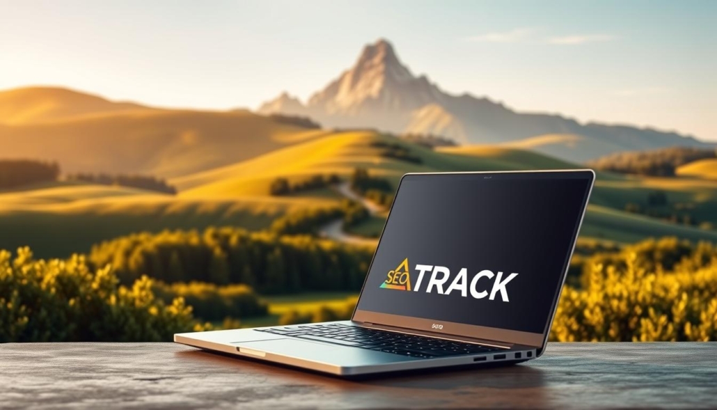A serene landscape depicting the concept of "SEO e posizionamento nei motori di ricerca". In the foreground, a sleek, modern laptop sits open, its screen displaying the "SEO TRACK" brand logo, symbolizing the power of search engine optimization. Behind it, rolling hills of lush, verdant foliage stretch out, representing the organic growth of online visibility. In the middle ground, a winding path leads the eye towards a towering mountain peak, suggesting the height of success that can be achieved through effective SEO strategies. The scene is bathed in warm, golden light, conveying a sense of optimism and progress. The overall composition evokes a harmonious balance between technology and nature, capturing the essence of mastering search engine positioning.