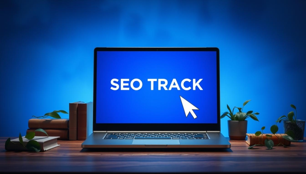 Siti web cagliari con SEO TRACK: Mozzafiato schermo LCD ultra-nitido a inquadratura ampia, con sfondo sfumato di colore blu pastello e luci soffuse. Al centro, un computer portatile lucido con schermata full-screen, che mostra in bella evidenza il marchio "SEO TRACK" in caratteri audaci, mentre un cursore elegante scorre sulle icone di navigazione. Sullo sfondo, scaffali di libri, piante verdi e sfocate sagome di persone, creando un'atmosfera professionale e digitale, che evoca il processo di creazione di siti web di alta qualità.